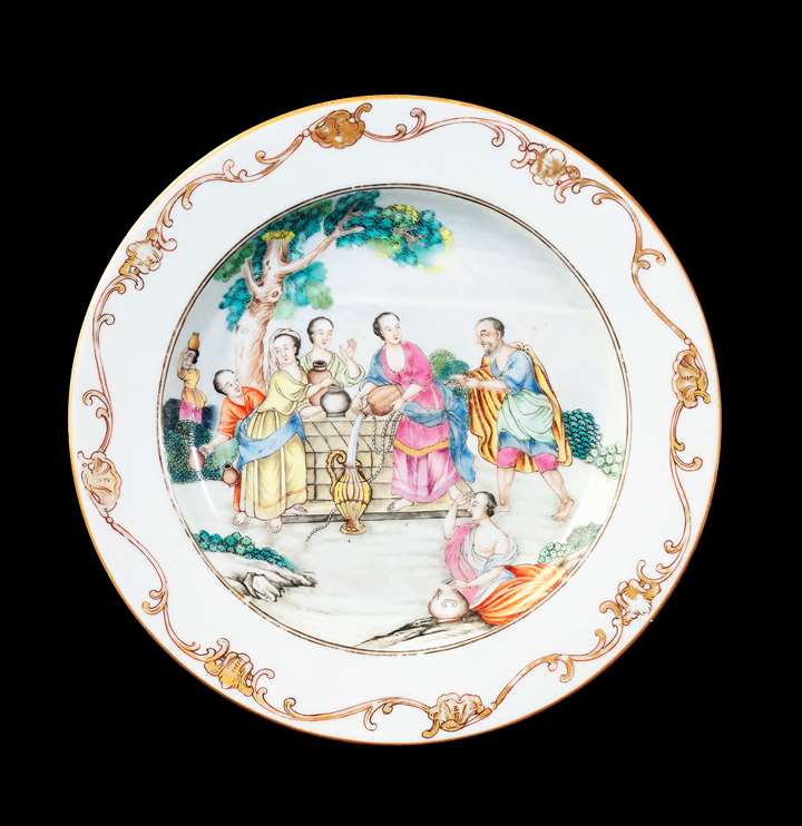 GG: Chinese export porcelain famille rose dinner plate with Rebecca at the Well